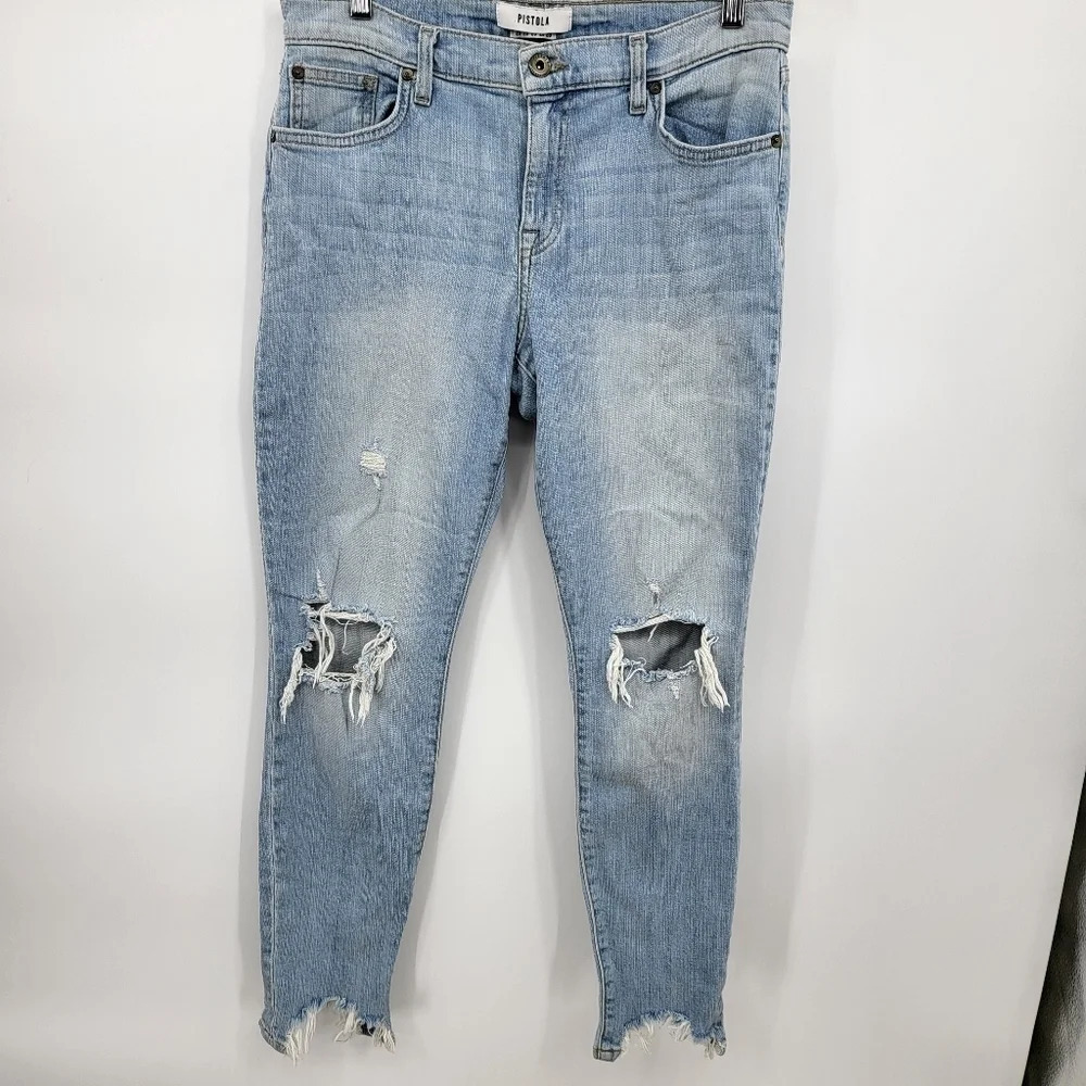 Pistola Audrew Mid Rise Skinny Light Wash Step Hem Distressed Jeans Sz 29
